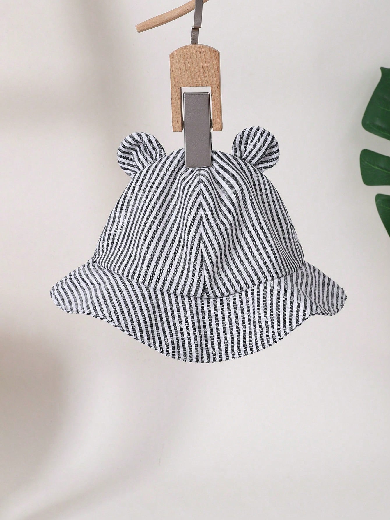 3pcs/Set Newborn Baby Boys' Black And White Striped Bear Overalls Short Sleeve Collar Shirt & Hat Cute Summer Family Matching Romper Outfit