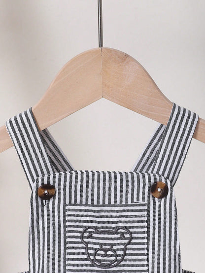 3pcs/Set Newborn Baby Boys' Black And White Striped Bear Overalls Short Sleeve Collar Shirt & Hat Cute Summer Family Matching Romper Outfit
