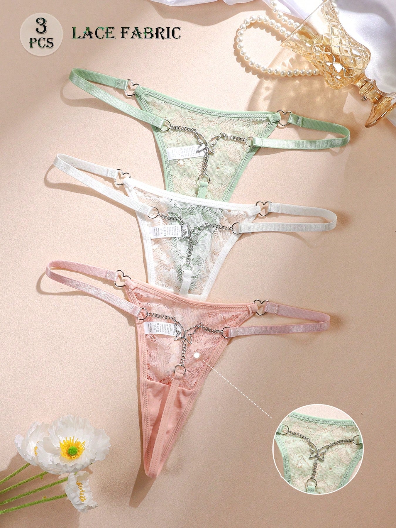 3pcs Sexy Women Metal Chain Thong Panties