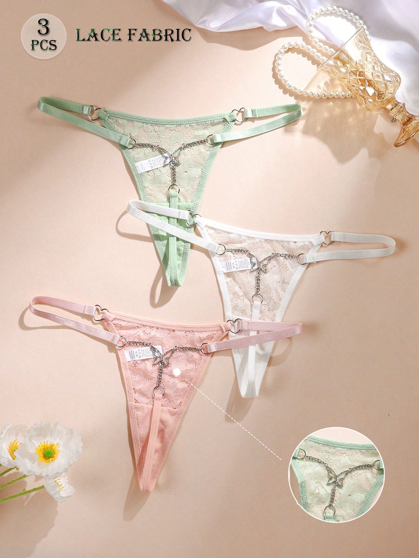 3pcs Sexy Women Metal Chain Thong Panties