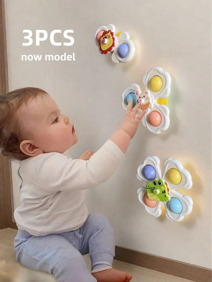 3pcs Suction Cup Rotating Toys, Baby And Toddler Sensory Fidget Toys, Suitable For Bath And High Chair Baby Sensory Toys, Great Gift For Toddlers