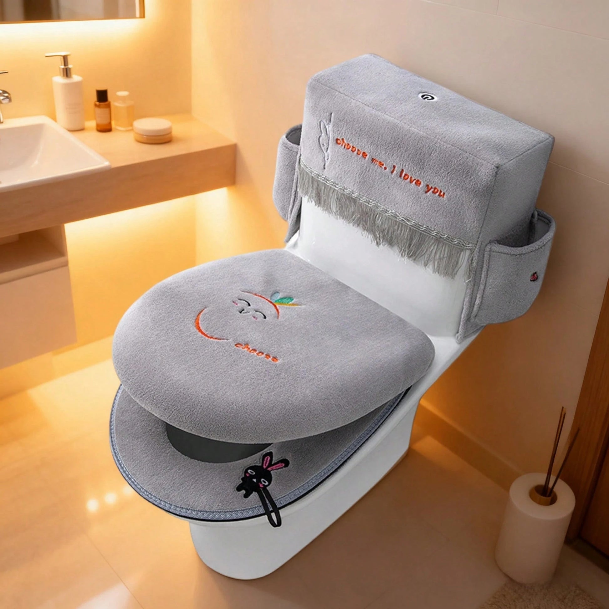 3Pcs Toilet Seat Cover Set Zippered Cute Animal Embroidered Soft Fleece Toilet Tank Lid Cover And Seat Pads