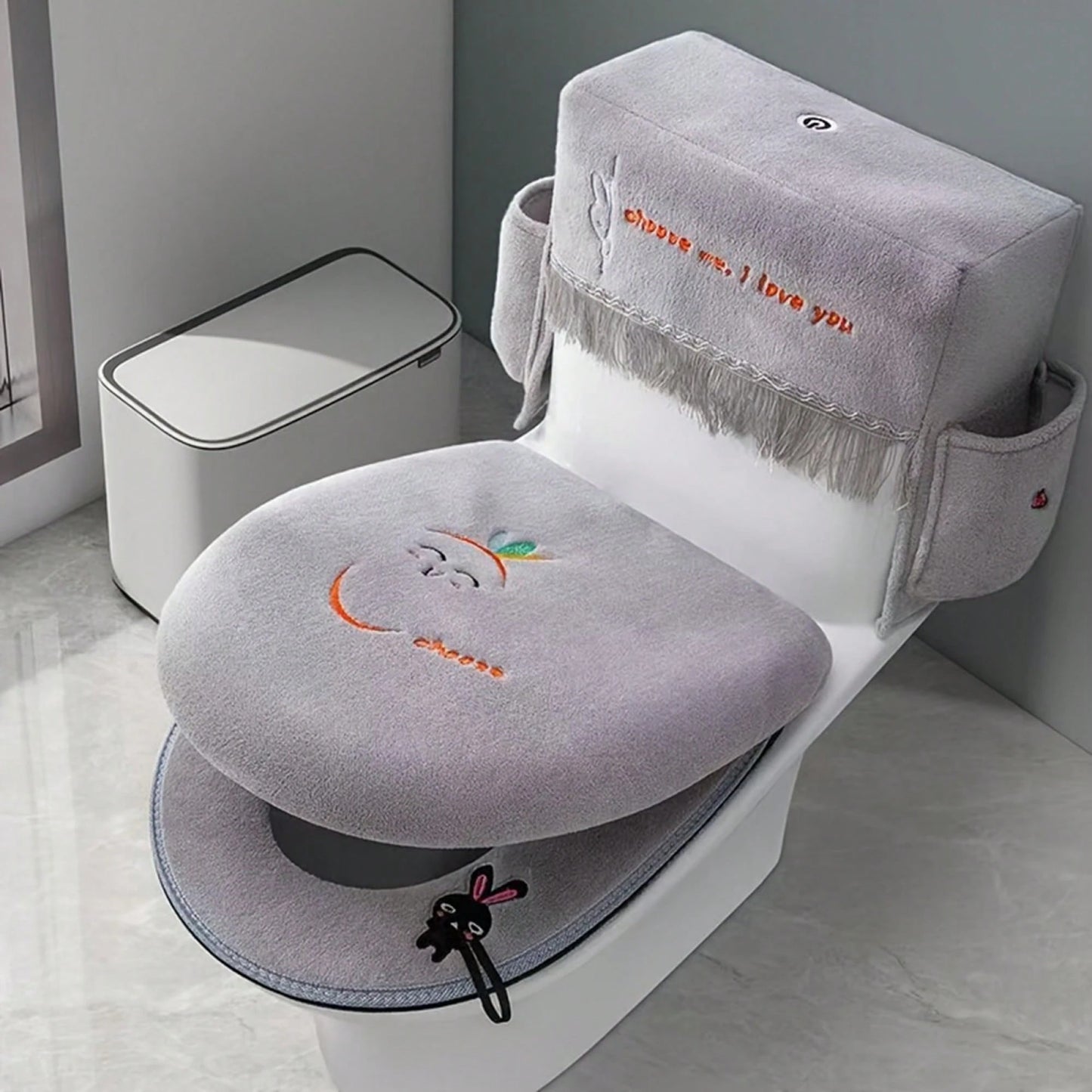 3Pcs Toilet Seat Cover Set Zippered Cute Animal Embroidered Soft Fleece Toilet Tank Lid Cover And Seat Pads