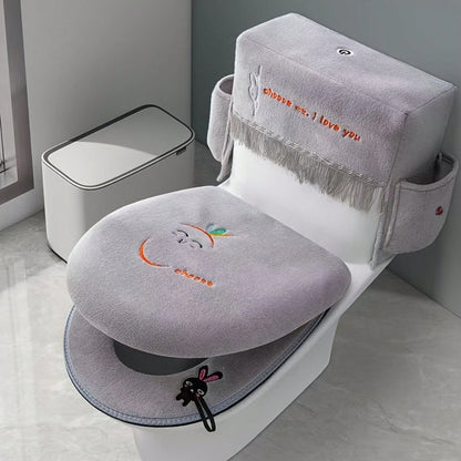 3Pcs Toilet Seat Cover Set Zippered Cute Animal Embroidered Soft Fleece Toilet Tank Lid Cover And Seat Pads