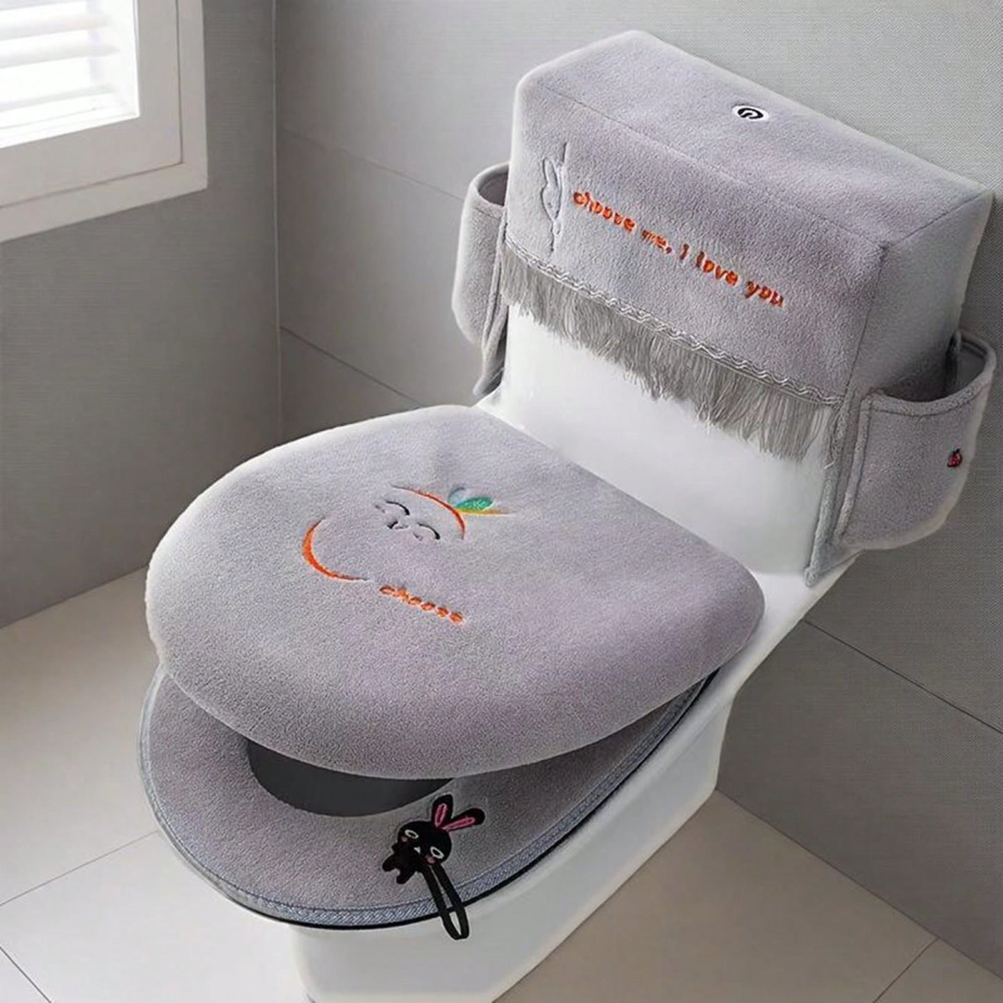 3Pcs Toilet Seat Cover Set Zippered Cute Animal Embroidered Soft Fleece Toilet Tank Lid Cover And Seat Pads