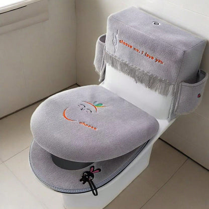 3Pcs Toilet Seat Cover Set Zippered Cute Animal Embroidered Soft Fleece Toilet Tank Lid Cover And Seat Pads
