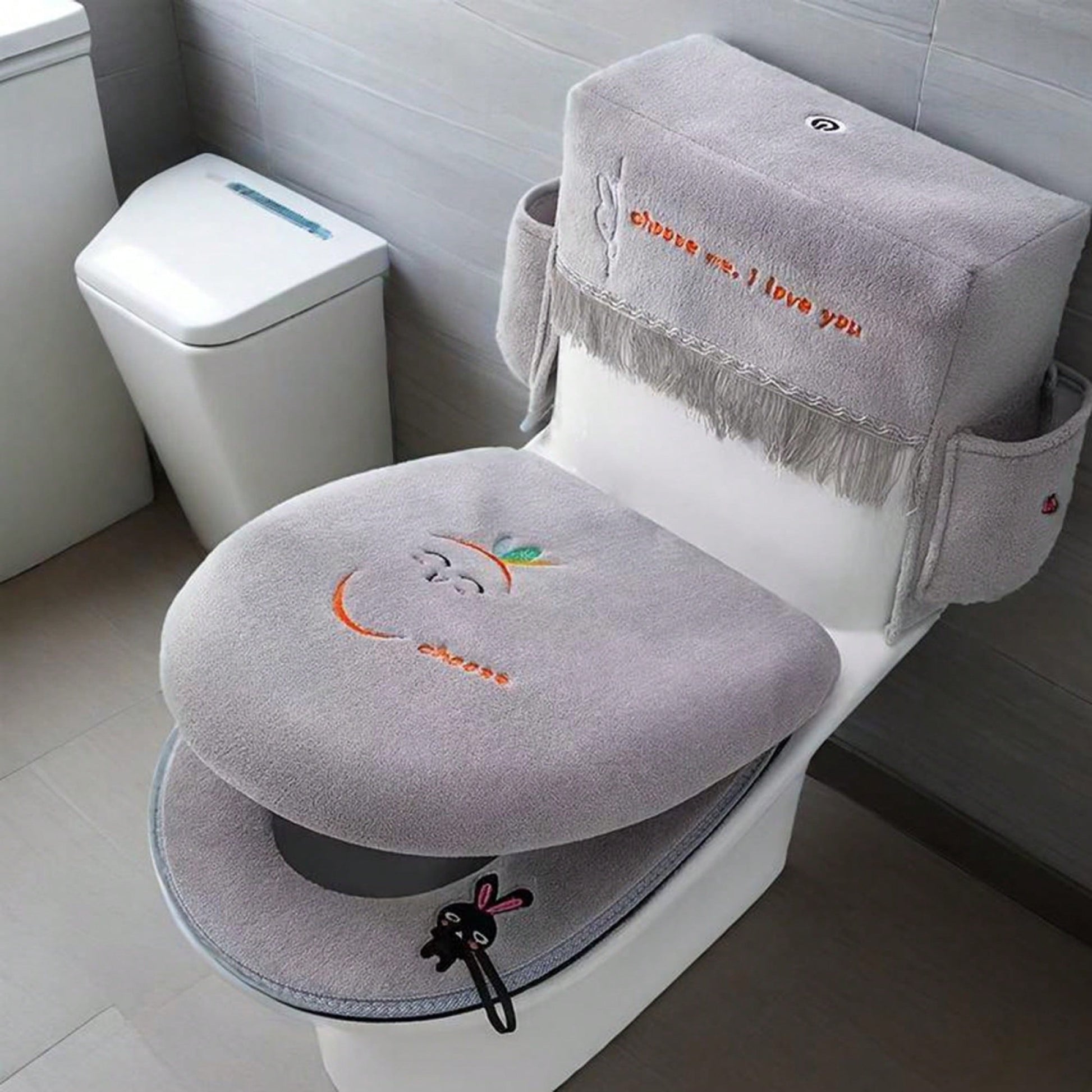 3Pcs Toilet Seat Cover Set Zippered Cute Animal Embroidered Soft Fleece Toilet Tank Lid Cover And Seat Pads