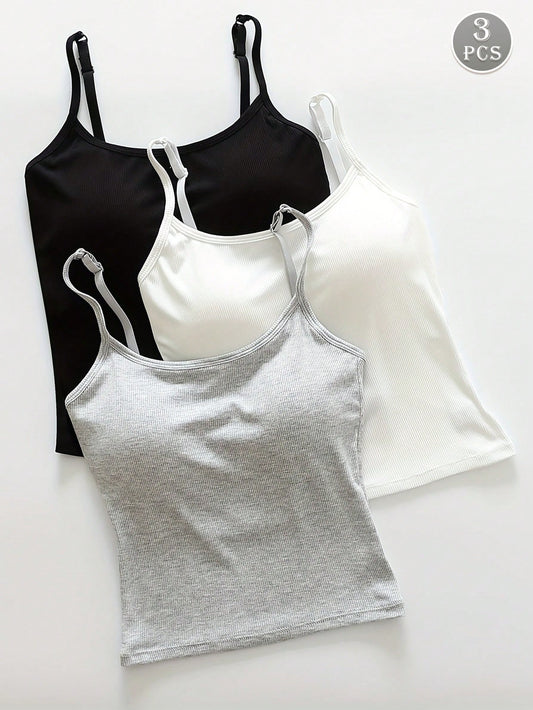 3pcs Women Plain Ribbed Camisole With Padded Bra, Casual Skinny Crop Top, Workout