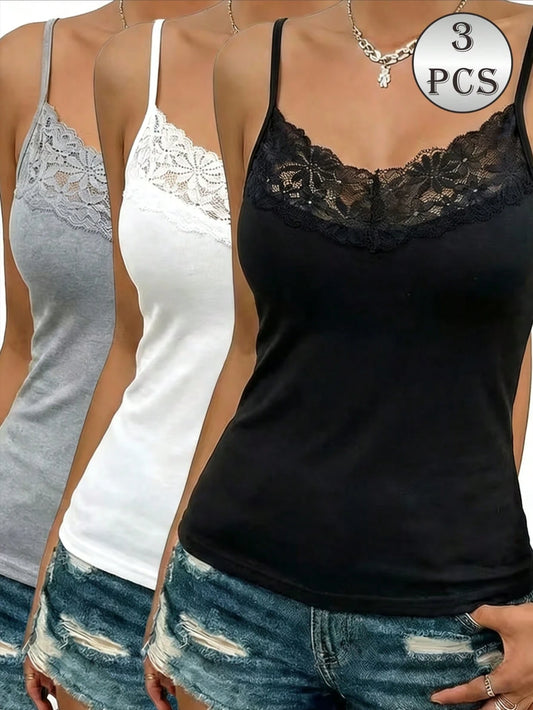 3pcs Women's Lace Patchwork Camisole Vest, Breathable Solid Color Sleeveless Tops, Fashionable Undershirt For All Seasons, Everyday Wear