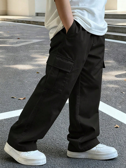 4-7 Years Old Boys' Black Loose Wide Leg Cargo Pants, Multi-Pocket Casual Outdoor Trousers For All Seasons