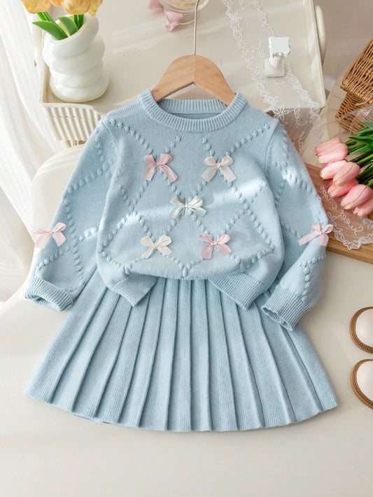 4-7 Years Old Girls Autumn/Winter Light Blue Argyle Bubble Texture Colorblock 3D Bow Round Neck Knitted Sweater & Pleated Skirt 2-Piece Set, Sweet Outfit For Kindergarten, School, Outings, Birth