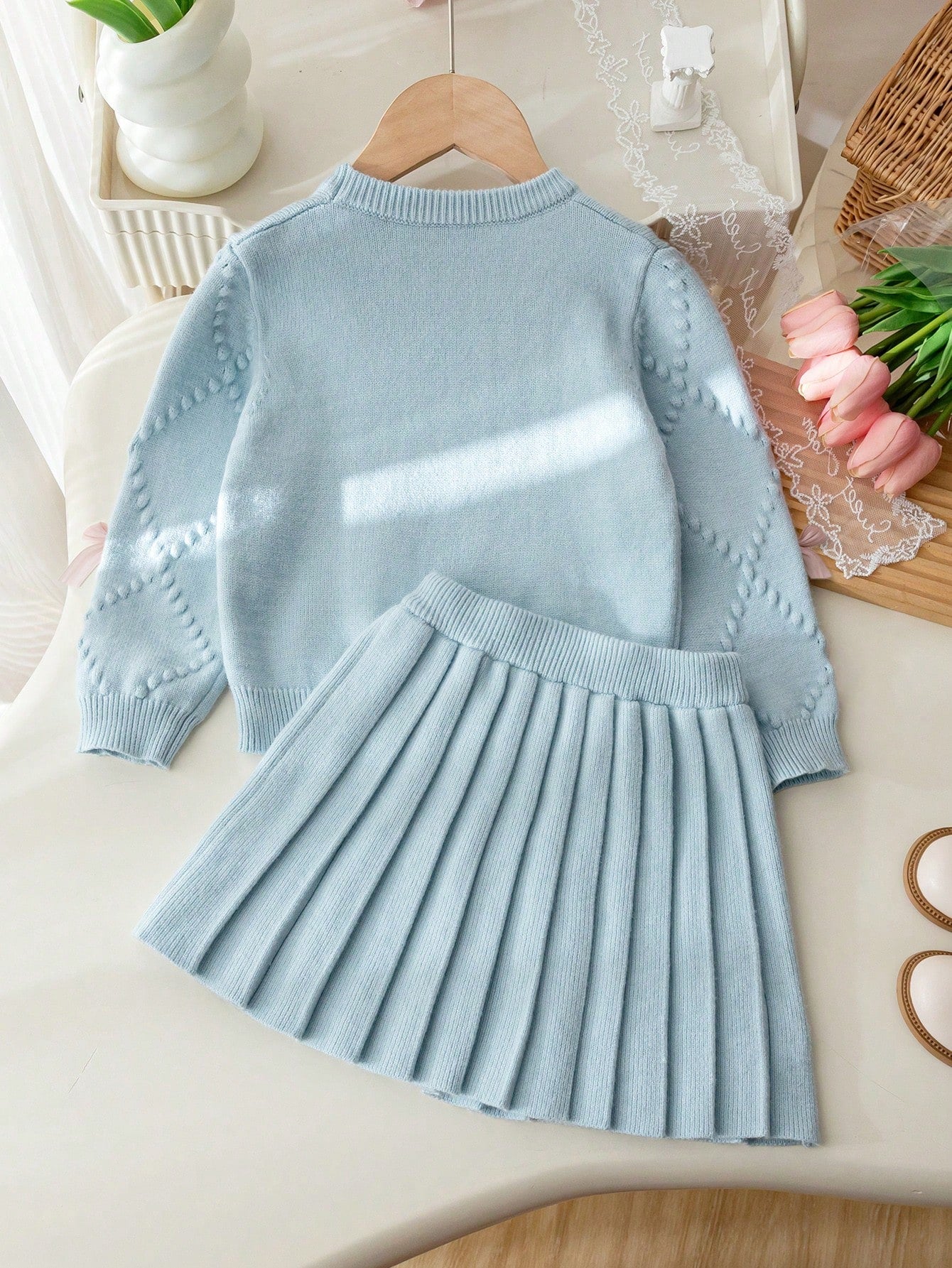 4-7 Years Old Girls Autumn/Winter Light Blue Argyle Bubble Texture Colorblock 3D Bow Round Neck Knitted Sweater & Pleated Skirt 2-Piece Set, Sweet Outfit For Kindergarten, School, Outings, Birth