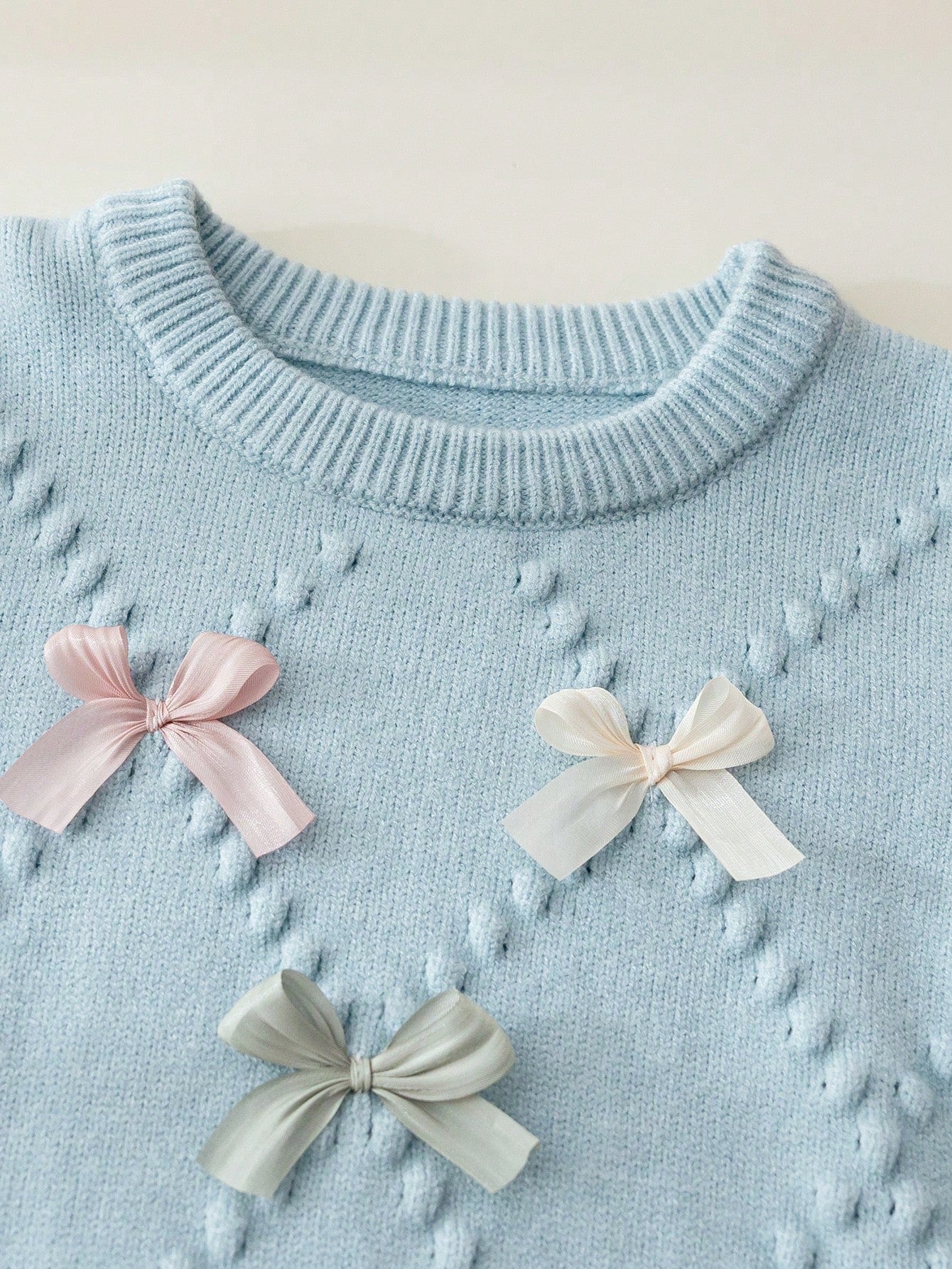 4-7 Years Old Girls Autumn/Winter Light Blue Argyle Bubble Texture Colorblock 3D Bow Round Neck Knitted Sweater & Pleated Skirt 2-Piece Set, Sweet Outfit For Kindergarten, School, Outings, Birth