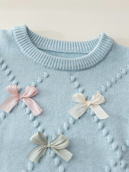 4-7 Years Old Girls Autumn/Winter Light Blue Argyle Bubble Texture Colorblock 3D Bow Round Neck Knitted Sweater & Pleated Skirt 2-Piece Set, Sweet Outfit For Kindergarten, School, Outings, Birth