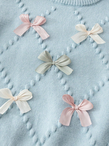 4-7 Years Old Girls Autumn/Winter Light Blue Argyle Bubble Texture Colorblock 3D Bow Round Neck Knitted Sweater & Pleated Skirt 2-Piece Set, Sweet Outfit For Kindergarten, School, Outings, Birth
