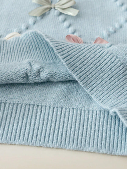 4-7 Years Old Girls Autumn/Winter Light Blue Argyle Bubble Texture Colorblock 3D Bow Round Neck Knitted Sweater & Pleated Skirt 2-Piece Set, Sweet Outfit For Kindergarten, School, Outings, Birth