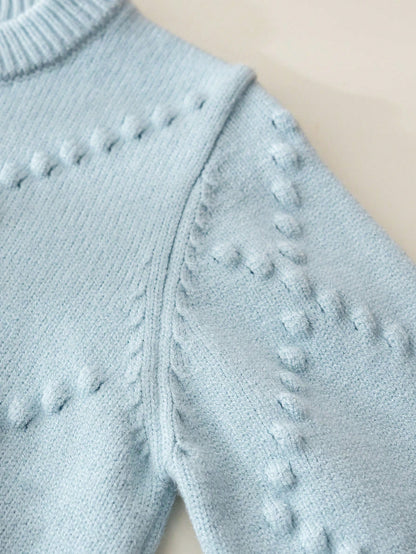 4-7 Years Old Girls Autumn/Winter Light Blue Argyle Bubble Texture Colorblock 3D Bow Round Neck Knitted Sweater & Pleated Skirt 2-Piece Set, Sweet Outfit For Kindergarten, School, Outings, Birth