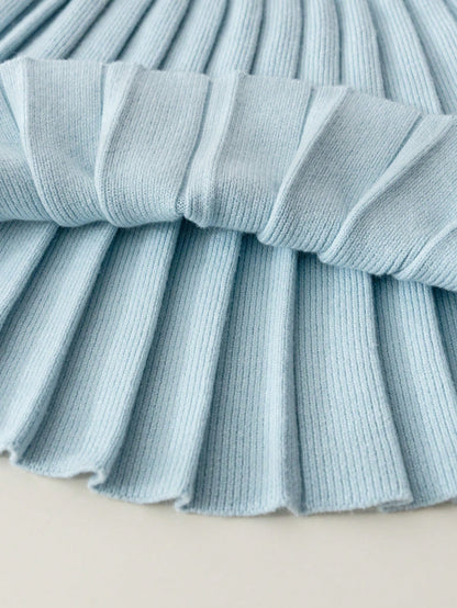 4-7 Years Old Girls Autumn/Winter Light Blue Argyle Bubble Texture Colorblock 3D Bow Round Neck Knitted Sweater & Pleated Skirt 2-Piece Set, Sweet Outfit For Kindergarten, School, Outings, Birth
