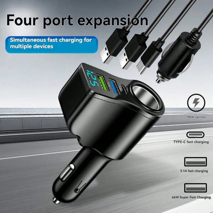 4-In-1 USB+ C Car Charger, Multi-USB Car Adapter, Socket Distributor With 2 USB Ports, 12V/24V Dual USB Plus Type- C PD Fast Car Charger Adapter, Suitable For Various Mobile Phone Charging- Essential
