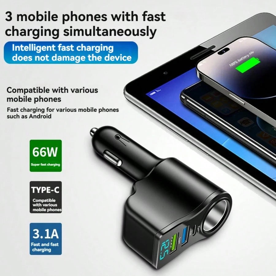 4-In-1 USB+ C Car Charger, Multi-USB Car Adapter, Socket Distributor With 2 USB Ports, 12V/24V Dual USB Plus Type- C PD Fast Car Charger Adapter, Suitable For Various Mobile Phone Charging- Essential
