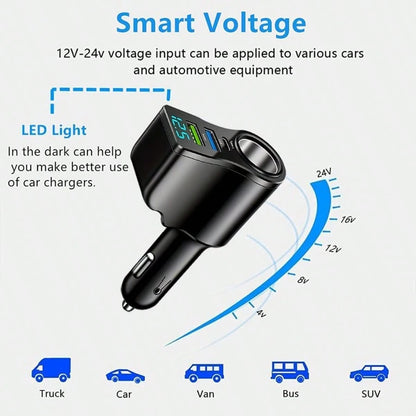 4-In-1 USB+ C Car Charger, Multi-USB Car Adapter, Socket Distributor With 2 USB Ports, 12V/24V Dual USB Plus Type- C PD Fast Car Charger Adapter, Suitable For Various Mobile Phone Charging- Essential
