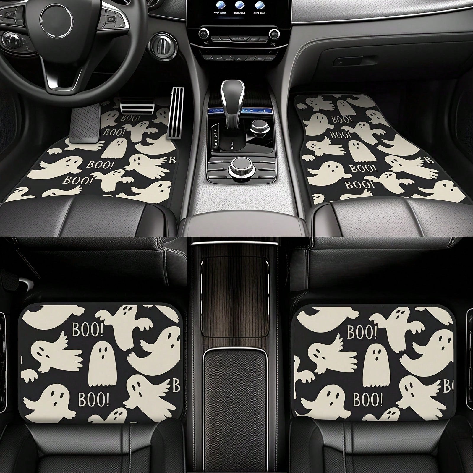 4-Piece Halloween Ghost Pattern Car Non-Slip Floor Mat, Using High-Quality Materials, High Light Resistance, Corrosion Resistance, Not Easy To Fade, Easy To Clean Front And Rear Carpet Sets, Halloween