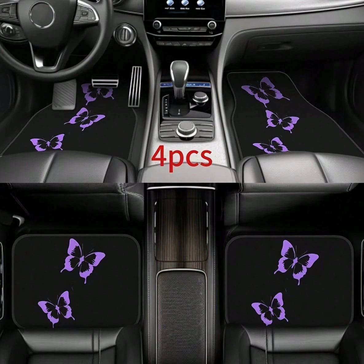 4-Piece Set Of Dazzling Purple Butterfly Car Floor Mats- Comfortable Crystal Velvet Car Floor Mats, Full Coverage For Front And Rear Rows, Car Interior Accessories Suitable For Sedans,, SUVs, And Ot