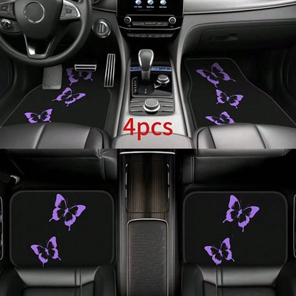 4-Piece Set Of Dazzling Purple Butterfly Car Floor Mats- Comfortable Crystal Velvet Car Floor Mats, Full Coverage For Front And Rear Rows, Car Interior Accessories Suitable For Sedans,, SUVs, And Ot