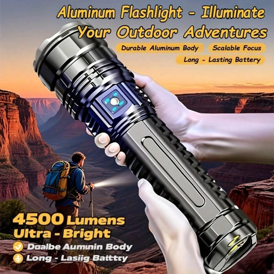 4500 Lumens Tactical Flashlight- Rechargeable Aluminum Alloy Zoomable Flashlight, 5 Modes & COB Tail Light, 1000m Long-Range Shooting, IPX4 Waterproof For Camping, Fishing, Emergency, Outdoor Surviva