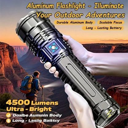 4500 Lumens Tactical Flashlight- Rechargeable Aluminum Alloy Zoomable Flashlight, 5 Modes & COB Tail Light, 1000m Long-Range Shooting, IPX4 Waterproof For Camping, Fishing, Emergency, Outdoor Surviva