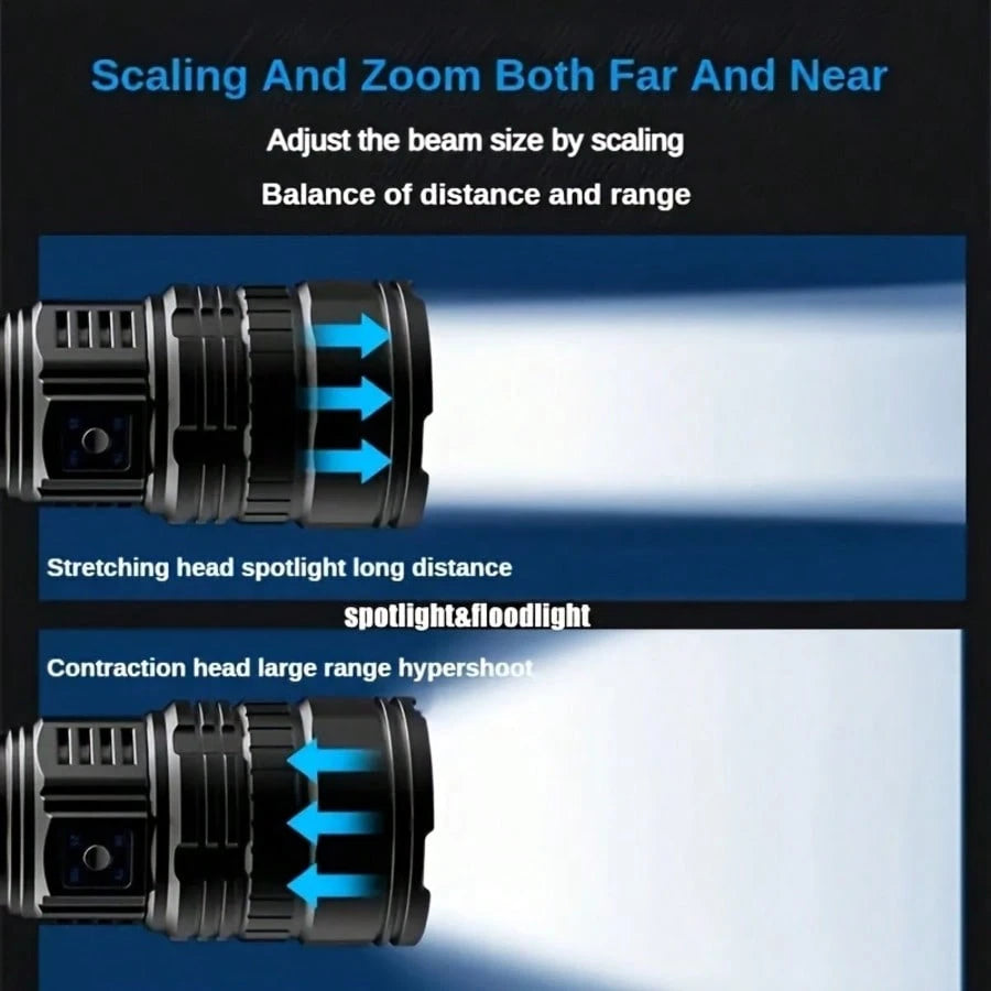 4500 Lumens Tactical Flashlight- Rechargeable Aluminum Alloy Zoomable Flashlight, 5 Modes & COB Tail Light, 1000m Long-Range Shooting, IPX4 Waterproof For Camping, Fishing, Emergency, Outdoor Surviva