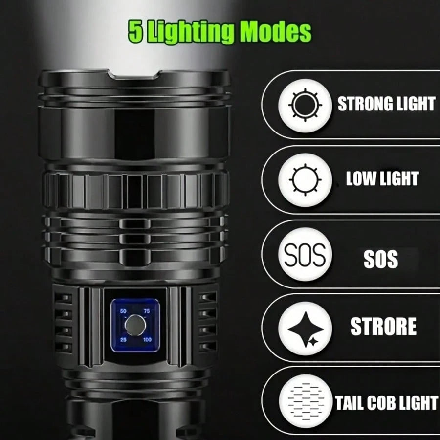 4500 Lumens Tactical Flashlight- Rechargeable Aluminum Alloy Zoomable Flashlight, 5 Modes & COB Tail Light, 1000m Long-Range Shooting, IPX4 Waterproof For Camping, Fishing, Emergency, Outdoor Surviva