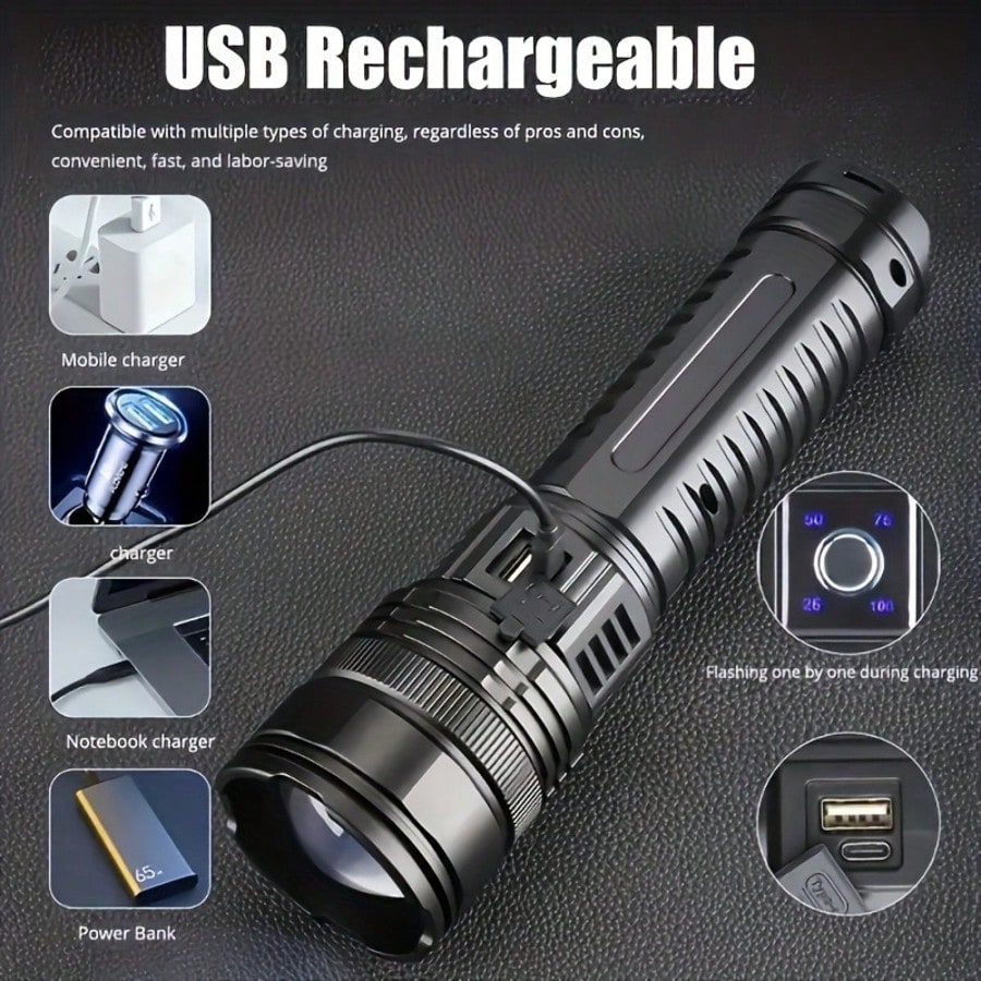 4500 Lumens Tactical Flashlight- Rechargeable Aluminum Alloy Zoomable Flashlight, 5 Modes & COB Tail Light, 1000m Long-Range Shooting, IPX4 Waterproof For Camping, Fishing, Emergency, Outdoor Surviva