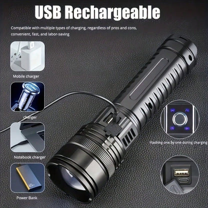 4500 Lumens Tactical Flashlight- Rechargeable Aluminum Alloy Zoomable Flashlight, 5 Modes & COB Tail Light, 1000m Long-Range Shooting, IPX4 Waterproof For Camping, Fishing, Emergency, Outdoor Surviva