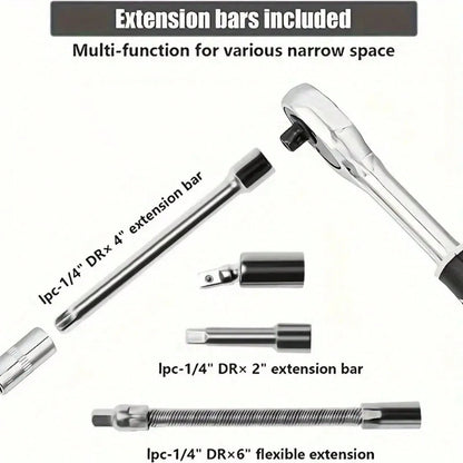 46 PCS Socket Wrench Set, Ratchet Wrench Set And Extension Rod Pan Head Slide Rod Extension Socket For Car Repair And Home Use.