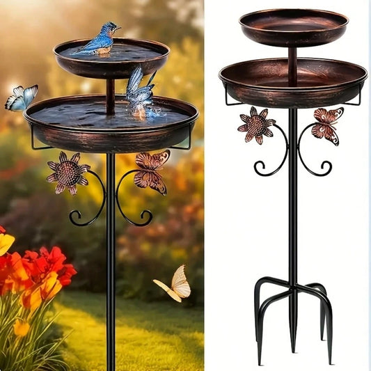 46in Heavy-Duty Metal Double Bird Bath – 9.8" + 12" Large Dual Water & Food Bowls, Five-Claw Stable Base, Rust-Resistant, Easy Install & Clean, Multi-Functional Bird Feeder – Ideal For Bird Lovers