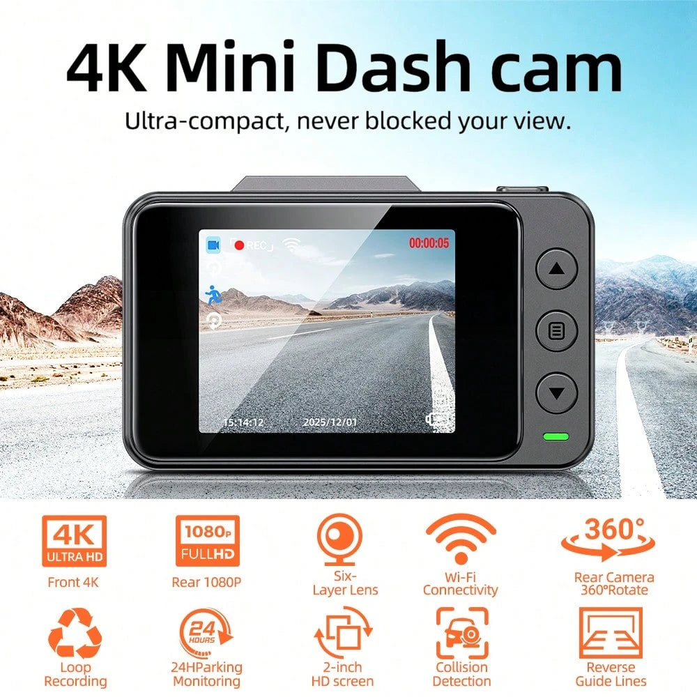 4K Dash Cam Front And Rear With 32GB Card, Built-In 5G WiFi, Dash Camera For Cars 4K Front And 1080P Rear, Dashcams For Cars Loop Recording, Gravity Sensor, 24-Hours Parking Mode