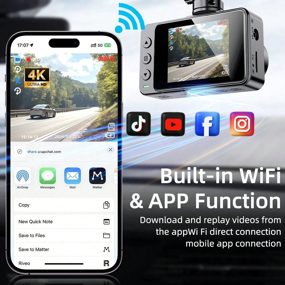 4K Dash Cam Front And Rear With 32GB Card, Built-In 5G WiFi, Dash Camera For Cars 4K Front And 1080P Rear, Dashcams For Cars Loop Recording, Gravity Sensor, 24-Hours Parking Mode