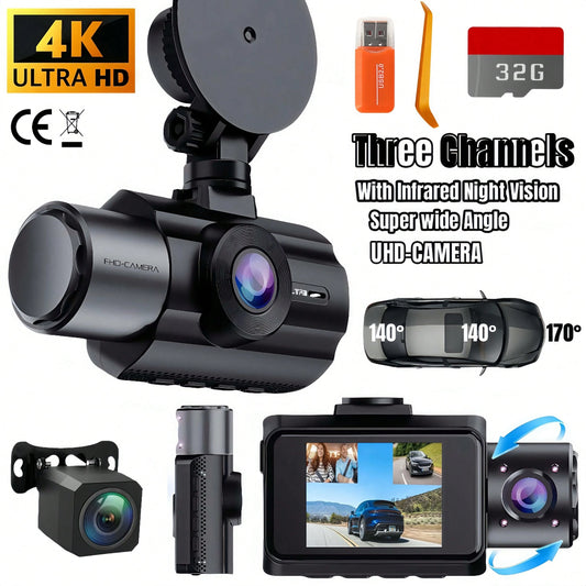 4K Triple Camera Car Recorder- IR Night Vision, 2.10" IPS Screen, Front/Rear & Built-In Car Camera, 170° Wide Angle & Built-In Audio- Includes 32GB Card, Loop Recording, G-Sensor- Perfect For Vehic