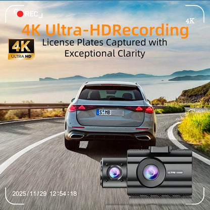 4K Triple Camera Car Recorder- IR Night Vision, 2.10" IPS Screen, Front/Rear & Built-In Car Camera, 170° Wide Angle & Built-In Audio- Includes 32GB Card, Loop Recording, G-Sensor- Perfect For Vehic