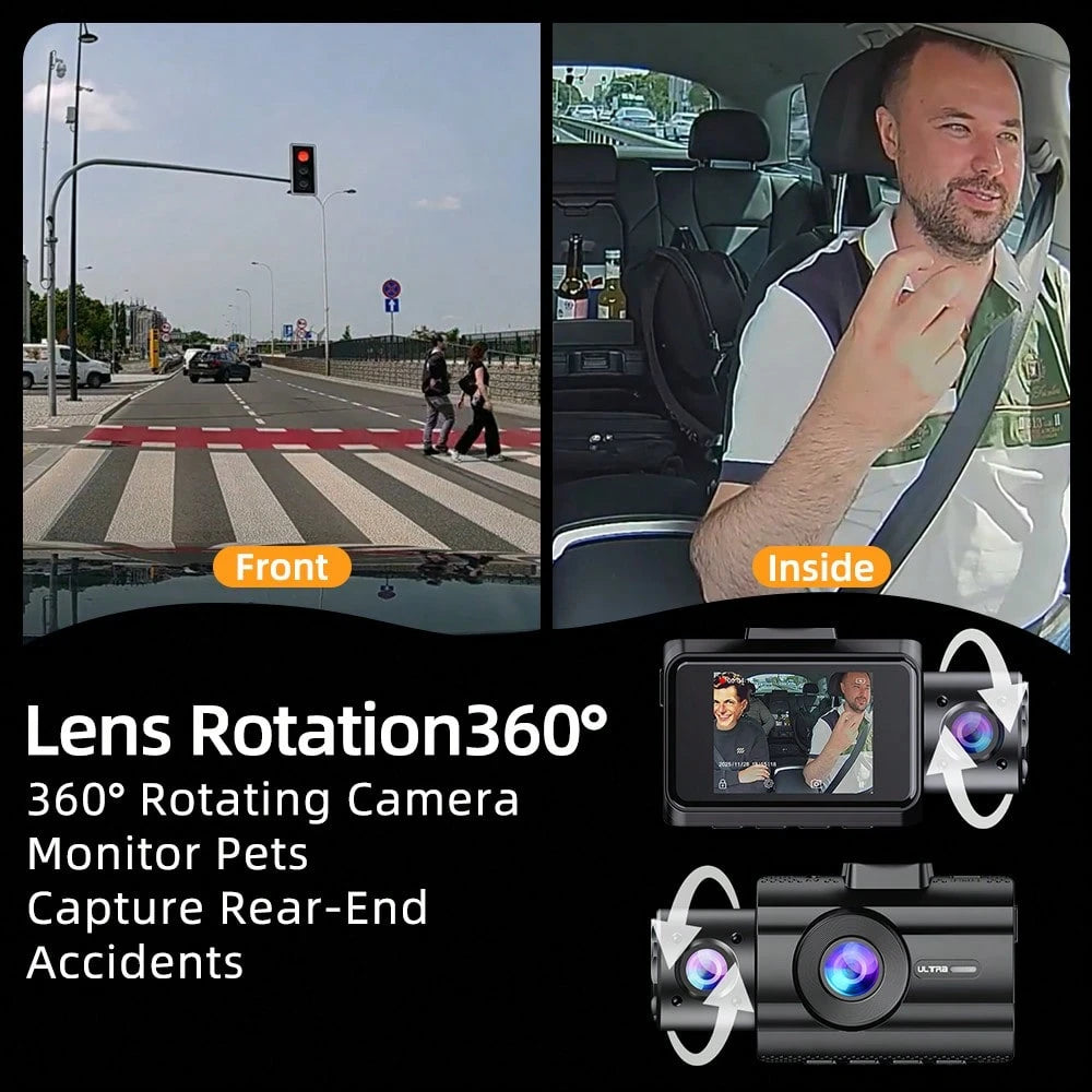 4K Triple Camera Car Recorder- IR Night Vision, 2.10" IPS Screen, Front/Rear & Built-In Car Camera, 170° Wide Angle & Built-In Audio- Includes 32GB Card, Loop Recording, G-Sensor- Perfect For Vehic