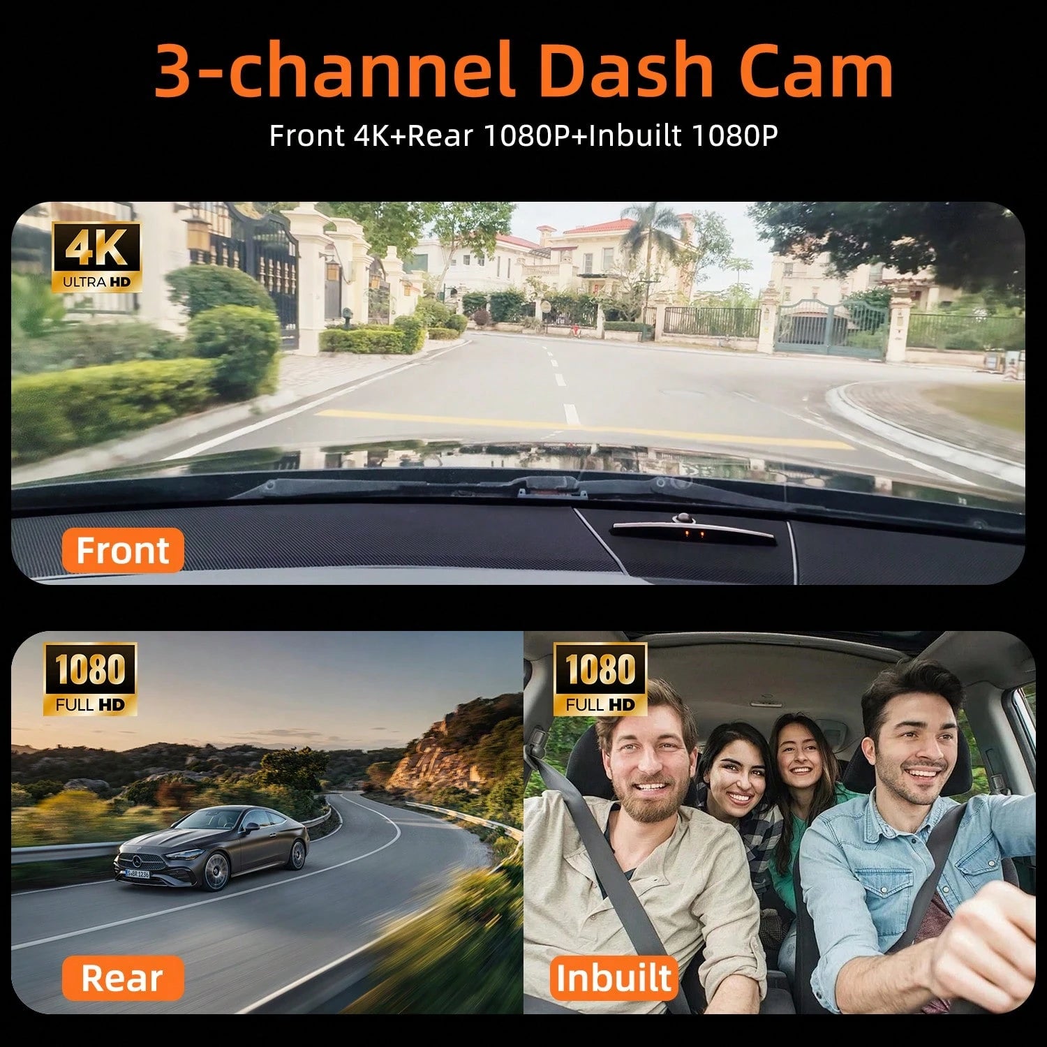 4K Triple Camera Car Recorder- IR Night Vision, 2.10" IPS Screen, Front/Rear & Built-In Car Camera, 170° Wide Angle & Built-In Audio- Includes 32GB Card, Loop Recording, G-Sensor- Perfect For Vehic