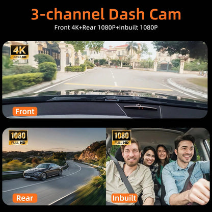 4K Triple Camera Car Recorder- IR Night Vision, 2.10" IPS Screen, Front/Rear & Built-In Car Camera, 170° Wide Angle & Built-In Audio- Includes 32GB Card, Loop Recording, G-Sensor- Perfect For Vehic