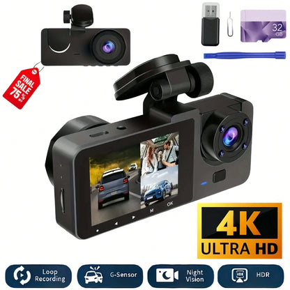 4K Triple Camera Car Recorder- IR Night Vision, 2.10" IPS Screen, Front/Rear & Built-In Car Camera, 170° Wide Angle & Built-In Audio- Includes 32GB Card, Loop Recording, G-Sensor- Perfect For Vehic