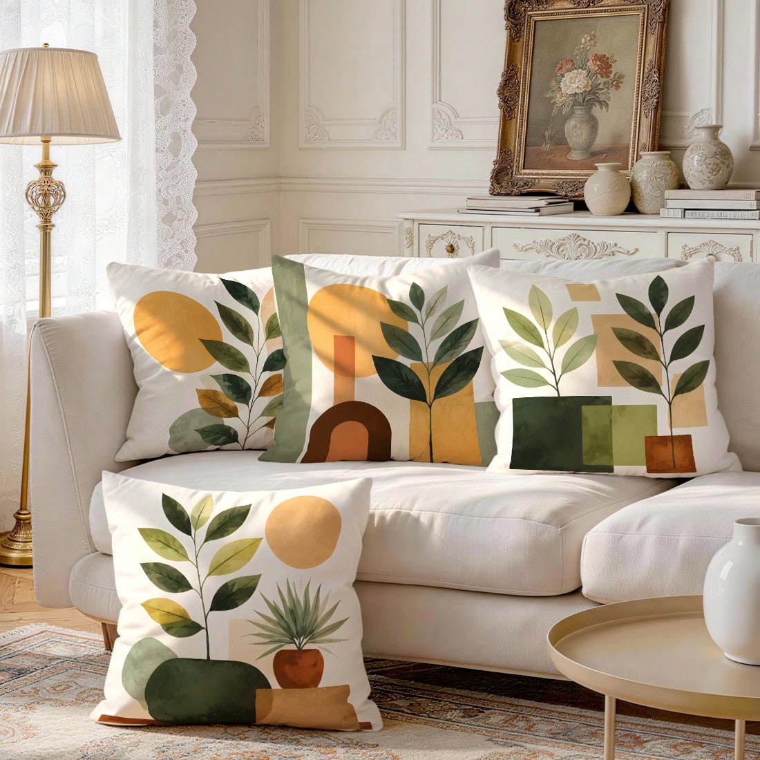 4pcs/1pc Abstract Geometric Plant Pattern Pillow Covers, Single-Sided Printed Pillow Covers, Suitable For Living Room, Bedroom, Home Decor, All-Season Pillow Covers