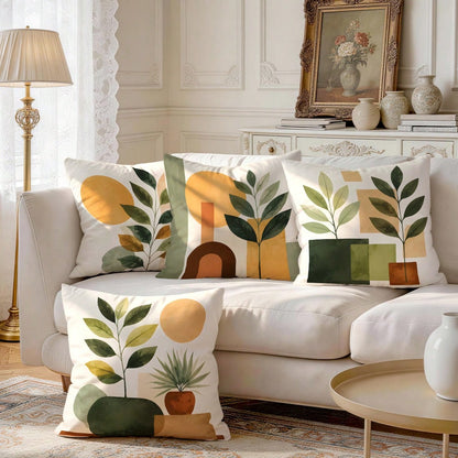 4pcs/1pc Abstract Geometric Plant Pattern Pillow Covers, Single-Sided Printed Pillow Covers, Suitable For Living Room, Bedroom, Home Decor, All-Season Pillow Covers