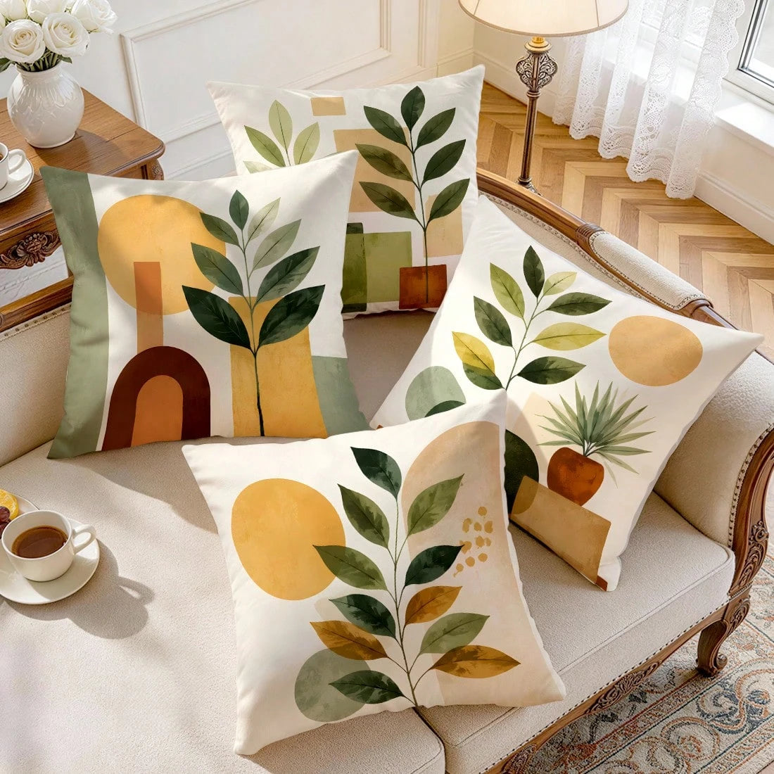 4pcs/1pc Abstract Geometric Plant Pattern Pillow Covers, Single-Sided Printed Pillow Covers, Suitable For Living Room, Bedroom, Home Decor, All-Season Pillow Covers