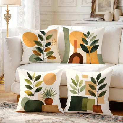 4pcs/1pc Abstract Geometric Plant Pattern Pillow Covers, Single-Sided Printed Pillow Covers, Suitable For Living Room, Bedroom, Home Decor, All-Season Pillow Covers