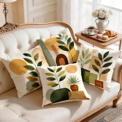 4pcs/1pc Abstract Geometric Plant Pattern Pillow Covers, Single-Sided Printed Pillow Covers, Suitable For Living Room, Bedroom, Home Decor, All-Season Pillow Covers