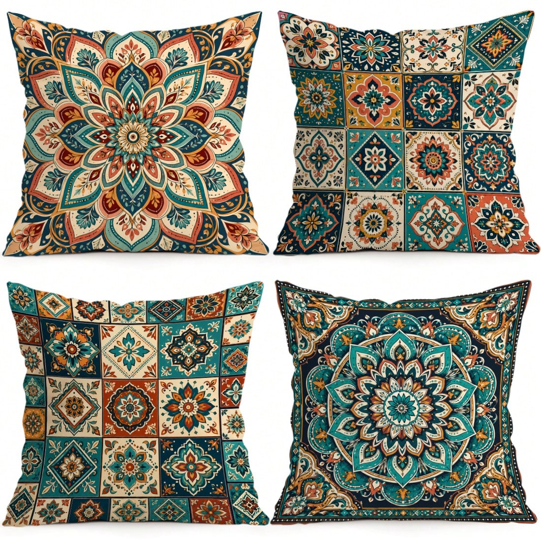 4pcs/1pc Geometric Mandala Floral Pattern Pillow Covers, Single-Sided Printed Pillow Covers, Suitable For Living Room, Bedroom, Home Decor, All-Season Pillow Covers